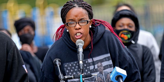 Monica Cannon-Grant speaks during a Black Lives Matter rally in front of Boston Police Headquarters on Sept. 22, 2020, in Boston. 