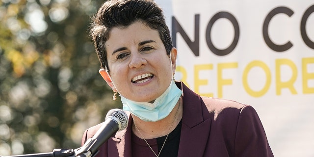 Jamie Manson of Catholics for Choice speaks at a protest at the U.S. Capitol on October 22, 2020 in Washington, DC.
