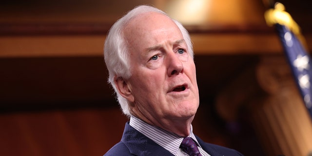 Sen. John Cornyn (R-TX) speaks on a proposed Democratic tax plan, at the U.S. Capitol on Aug. 4, 2021 in Washington, D.C. The Senators spoke out tax proposal saying that it will hurt job growth and the middle class.