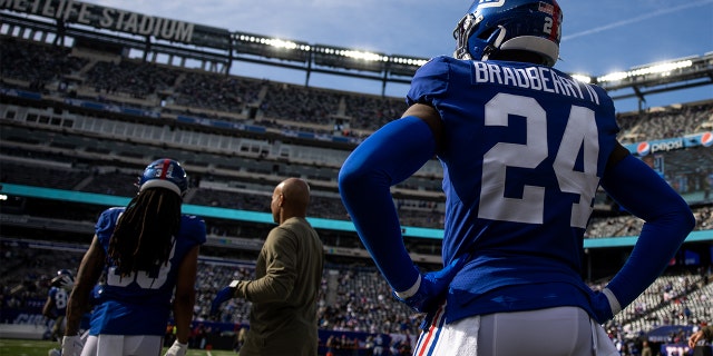 James Bradberry #24 of the New York Giants before the start of a game against the Las Vegas Raiders at MetLife Stadium on November 7, 2021 in East Rutherford, New Jersey.