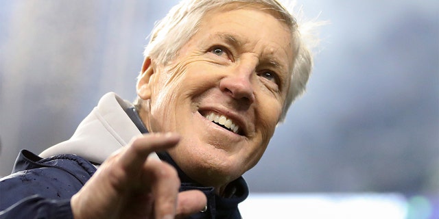 Head coach Pete Carroll of the Seattle Seahawks reacts after defeating the Detroit Lions 51-29 at Lumen Field on January 02, 2022, in Seattle, Washington.