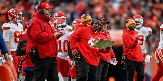Kansas City Chiefs offensive coordinator Eric Bieniemy during a game against the Denver Broncos at Empower Field at Mile High Jan. 8, 2022.