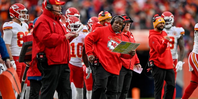 Kansas City Chiefs offensive coordinator Eric Bieniemy during a game against the Denver Broncos at Empower Field at Mile High Jan. 8, 2022.