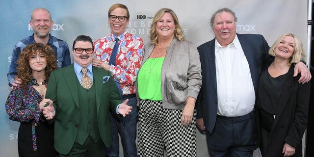 (L-R) Carolyn Strauss, Paul Thureen, Hannah Bos, Murray Hill, Jeff Hiller, Bridget Everett, Mike Hagerty and Mary Catherine Garrison attend the HBO MAX "Somebody Somewhere" final episode screening in February.