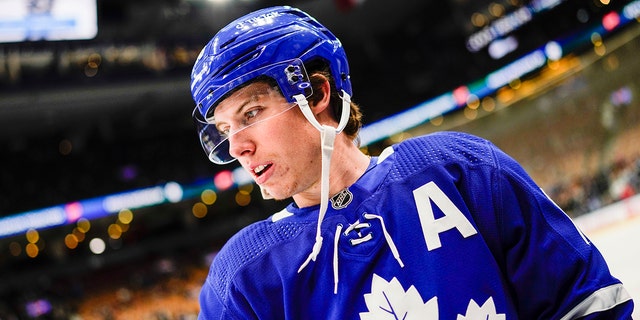Mitchell Marner of the Toronto Maple Leafs in warm-ups before playing the Dallas Stars at Scotiabank Arena March 15, 2022, in Toronto.
