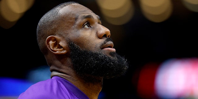 LeBron James of the Los Angeles Lakers before the Pelicans game at Smoothie King Center on March 27, 2022, in New Orleans, Louisiana.