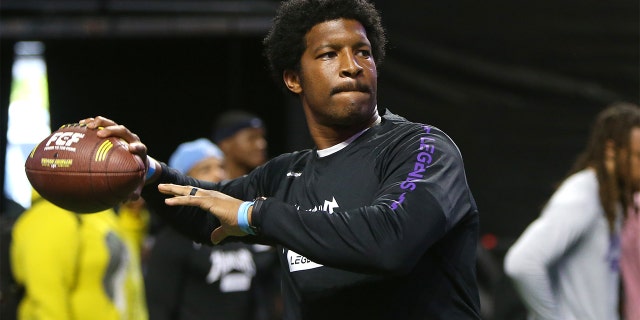 Jameis Winston of Team Quavo throws a pass in the celebrity game during Fan Controlled Football Season v2.0 - Week Three on April 30, 2022 in Atlanta, Georgia.