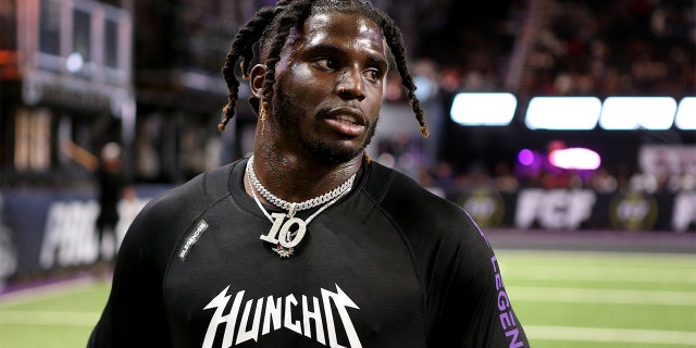 Tyreek Hill of Team Quavo is seen in the celebrity game during Fan Controlled Football Season v2.0 - Week Three on April 30, 2022 in Atlanta, Georgia.
