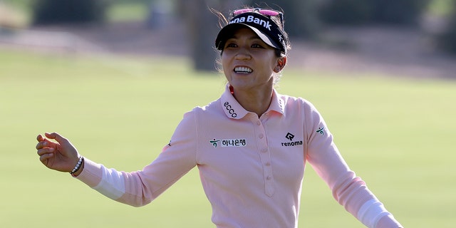Lydia Ko of New Zealand reacts to her birdie on the 16th green during the third round of the Palos Verdes Championship Presented by Bank of America at Palos Verdes Golf Club on April 30, 2022 in Palos Verdes Estates, California. 