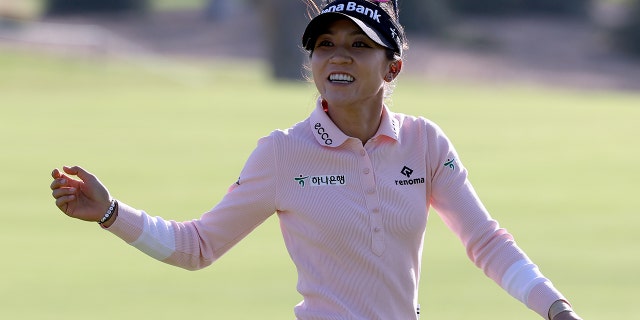 Lydia Ko of New Zealand reacts to her birdie on the 16th green during the third round of the Palos Verdes Championship Presented by Bank of America at Palos Verdes Golf Club on April 30, 2022 in Palos Verdes Estates, California.