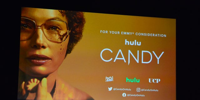 Moderator Rebecca Ford, Jessica Biel, Timothy Simons, Melanie Lynskey, Pablo Schreiber, Raul Esparza, Showrunner Robin Veith and Executive Producer Nick Antosca participate in a panel during the Los Angeles Premiere FYC Event For Hulu's 'Candy' at El Capitan Theatre on May 09, 2022 in Los Angeles, California.