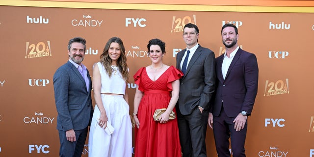 Timothy Simons, Jessica Biel, Melanie Lynskey, Raúl Esparza, and Pablo Schreiber attend the Los Angeles Premiere FYC Event for Hulu's "Candy" at El Capitan Theatre on May 09, 2022 in Los Angeles, California.