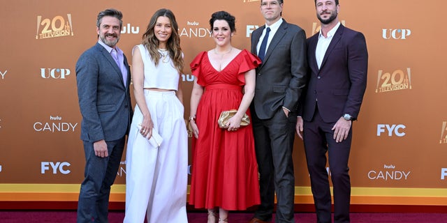 Timothy Simons, Jessica Biel, Melanie Lynskey, Raúl Esparza, and Pablo Schreiber attend the Los Angeles Premiere FYC Event for Hulu's "Candy" at El Capitan Theatre on May 09, 2022 in Los Angeles, California.