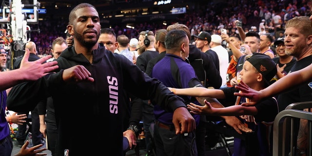 Chris Paul of the Phoenix Suns walks off the court after Game 5 of the Western Conference semifinals against the Dallas Mavericks at Footprint Center May 10, 2022, in Phoenix, Ariz.