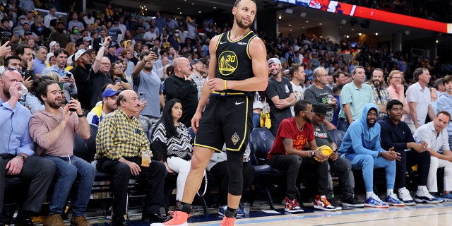 Stephen Curry #30 of the Golden State Warriors reacts against the Memphis Grizzlies during the third quarter in Game Five of the 2022 NBA Playoffs Western Conference Semifinals at FedExForum on May 11, 2022 in Memphis, Tennessee.