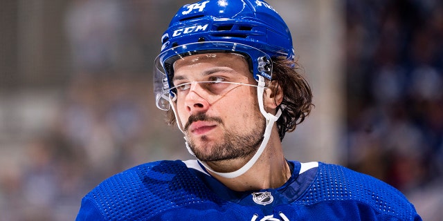 Auston Matthews of the Maple Leafs looks on against the Tampa Bay Lightning during the Stanley Cup Playoffs at the Scotiabank Arena on May 10, 2022, in Toronto.