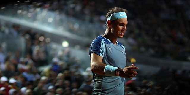 Rafael Nadal reacts in his match against Denis Shapovalov on May 12, 2022, in Rome.