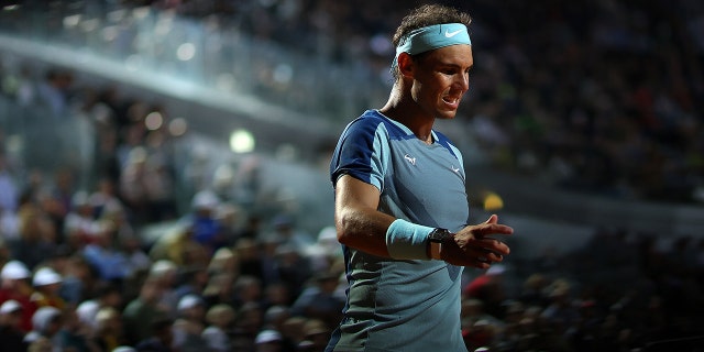 Rafael Nadal reacts in his match against Denis Shapovalov on May 12, 2022, in Rome.