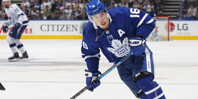 Mitchell Marner of the Toronto Maple Leafs skates against the Tampa Bay Lightning during Game 7 of the first round of the 2022 Stanley Cup Playoffs at Scotiabank Arena May 14, 2022, in Toronto. 