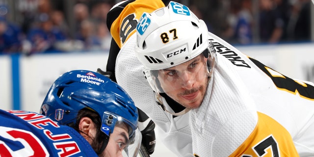 Sidney Crosby (87) of the Pittsburgh Penguins skates against the New York Rangers in Game 7 of the first round of the 2022 Stanley Cup Playoffs May 15, 2022, at Madison Square Garden in New York City.