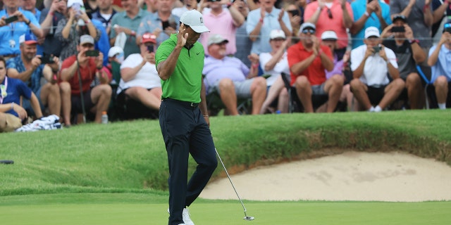 Tiger Woods reacts on the 13th hole during the second round of the 2022 PGA Championship at Southern Hills Country Club in Tulsa, Oklahoma, on May 20, 2022.