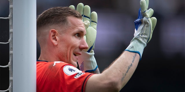Aston Villa goalkeeper Robin Olsen during the Premier League match between Manchester City and Aston Villa at Etihad Stadium on May 22, 2022 in Manchester, United Kingdom.