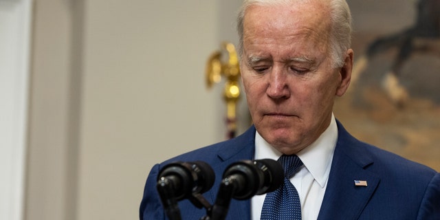 WASHINGTON, DC - MAY 24: U.S. President Joe Biden delivers remarks from the Roosevelt Room of the White House on the mass shooting at a Texas elementary school on May 24, 2022 in Washington, DC. Eighteen people are dead after a gunman today opened fire at the Robb Elementary School in Uvalde, Texas, according to published reports. 