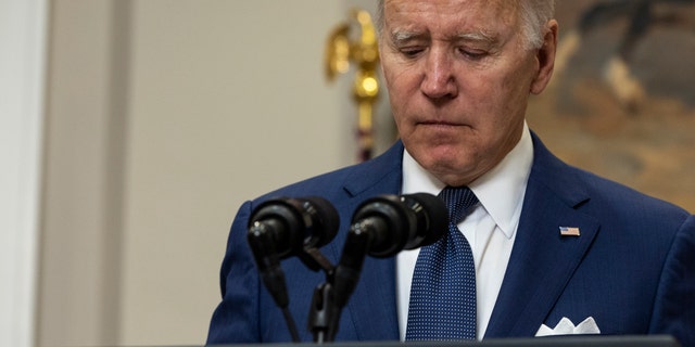 WASHINGTON, DC - MAY 24: U.S. President Joe Biden delivers remarks from the Roosevelt Room of the White House on the mass shooting at a Texas elementary school on May 24, 2022 in Washington, DC. Eighteen people are dead after a gunman today opened fire at the Robb Elementary School in Uvalde, Texas, according to published reports. 