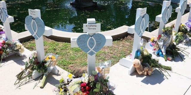 A memorial for a victim's of Tuesday's mass shooting at an elementary school, are seen in City of Uvalde Town Square on May 26, 2022, in Uvalde, Texas.