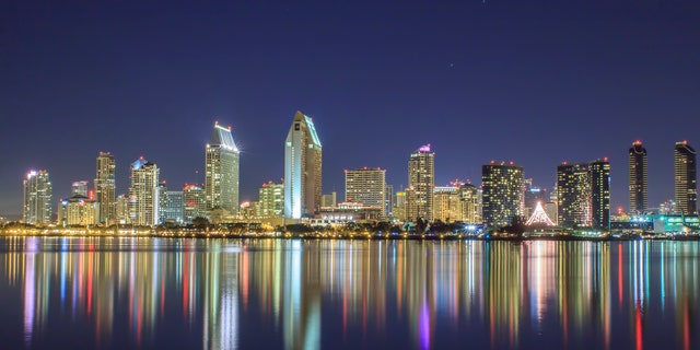 The skyline of San Diego, California, at night from Centennial Park in Coronado, California.