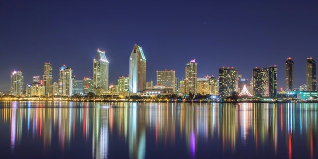 The skyline of San Diego, California, at night from Centennial Park in Coronado, California.