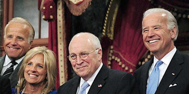 US Senator and Vice President-elect Joe Biden(R) and his wife Jill (C) and Biden's brother James (2nd-L) pose with Vice President Dick Cheney during a swearing in  reenactment ceremony  at the US Capitol on January 6, 2009 in Washington, DC. 