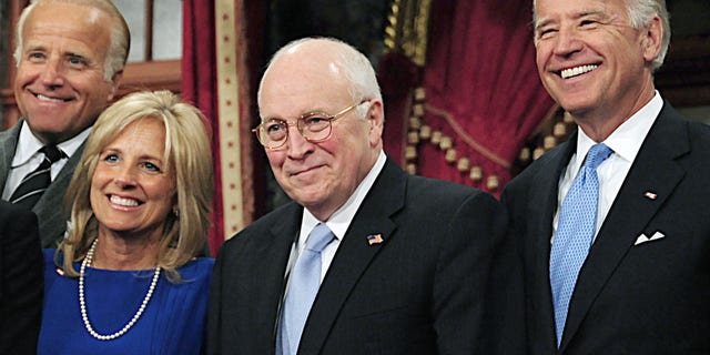 US Senator and Vice President-elect Joe Biden(R) and his wife Jill (C) and Biden's brother James (2nd-L) pose with Vice President Dick Cheney during a swearing in  reenactment ceremony  at the US Capitol on January 6, 2009 in Washington, DC. 