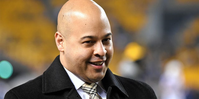 Omar Khan, Director of Football and Business Administration for the Pittsburgh Steelers, looks on from the sideline before a game against the Indianapolis Colts at Heinz Field on December 6, 2015 in Pittsburgh, Pennsylvania.