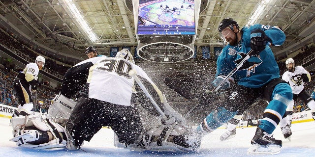 Matt Murray of the Pittsburgh Penguins defends against Joonas Donskoi of the Sharks in the 2016 NHL Stanley Cup Final at SAP Center on June 12, 2016, in San Jose, California.