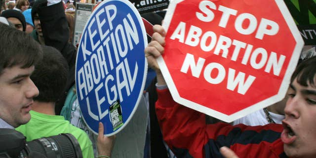 Pro-life demonstrators (R) confront pro-choice counterparts (L) 23 January 2006, in Washington, D.C. as tens of thousands of pro-life and pro-choice opponents rally marking the 33rd anniversary of the Supreme Court ruling on abortion. AFP PHOTO/Karen BLEIER