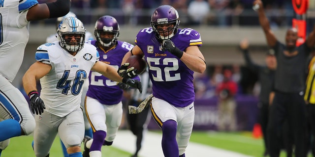 Chad Greenway # 52 of the Minnesota Vikings runs down the sideline after an interception during the first half of the game on November 6, 2016 at US Bank Stadium in Minneapolis, Minnesota. 