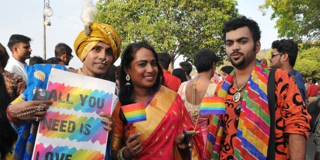 Transgender activist and actor Kalki Subramaniam along with other LGBT community members during central India's first Gay Pride parade taken out to mark the International Day Against Homophobia and Transphobia on May 17, 2017, in Bhopal, India.