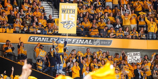 Nashville Predators mascot Gnash fires up the crowd during the 2017 NHL Stanley Cup Final against the Pittsburgh Penguins at Bridgestone Arena on June 11, 2017.