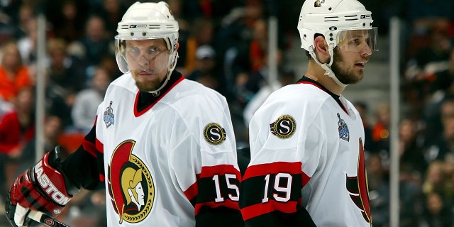 Dany Heatley and Jason Spezza of the Ottawa Senators during the 2007 Stanley Cup finals against the Ducks on June 6, 2007, at Honda Center in Anaheim, California.