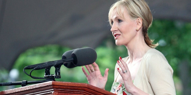 Author J.K. Rowling delivers an address at Harvard University's commencement ceremonies June 5, 2008, in Cambridge, Massachusetts.