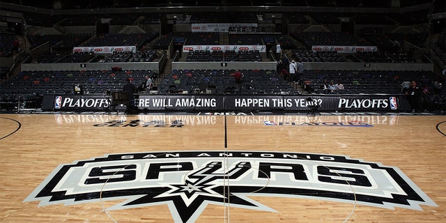 The San Antonio Spurs logo in the first Western Conference quarter-final game during the 2009 NBA playoffs at the AT&T Center on April 18, 2009 in San Antonio, Texas. 