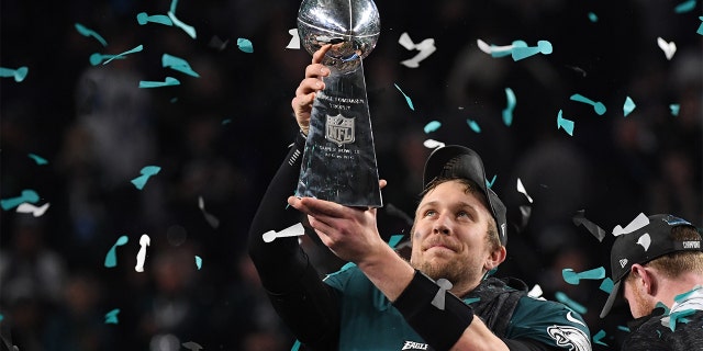 Quarterback Nick Foles of the Philadelphia Eagles celebrates following a victory over the New England Patriots in Super Bowl LII at US Bank Stadium in Minneapolis Feb. 4, 2018.