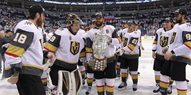 Deryk Engelland of the Vegas Golden Knights celebrates after defeating the Jets, 2-1, in the Western Conference Finals to advance to the 2018 NHL Stanley Cup Final at Bell MTS Place on May 20, 2018, in Winnipeg, Canada.