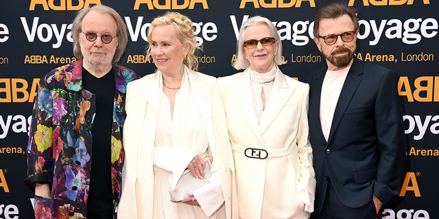 Benny Andersson, Agnetha Fältskog, Anni-Frid Lyngstad and Bjorn Ulvaeus of ABBA attend the first performance of ABBA "Voyage" at ABBA Arena May 26, 2022, in London.