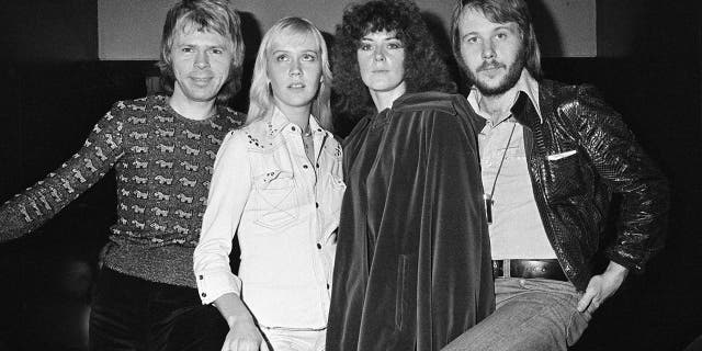 ABBA poses for a group shot in Copenhagen, Denmark, circa 1974.