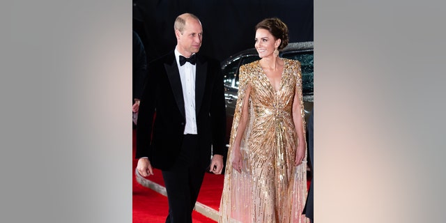 Catherine, Duchess of Cambridge, and Prince William attend the "No Time To Die" world premiere at Royal Albert Hall on Sept. 28, 2021, in London.