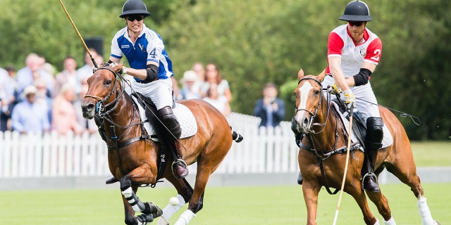 Prince William, Duke of Cambridge and Prince Harry, Duke of Sussex play during The King Power Royal Charity Polo Day at Billingbear Polo Club on July 10, 2019, in Wokingham, England. This event occurred before the Duke and Duchess of Sussex announced they were stepping back as senior members of the British royal family.