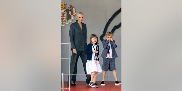 Princess Charlene of Monaco with her children Princess Gabriella and Prince Jacques at the 2022 Monaco E-Prix Round 6 April 30, 2022, in Monaco.