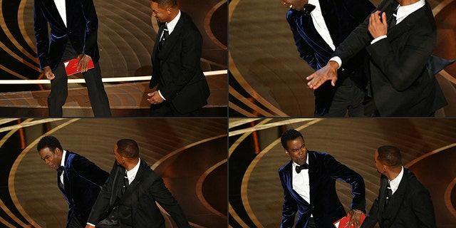 This combination of pictures created on March 28, 2022, shows Will Smith approaching Chris Rock and hitting him during the 94th Oscars at the Dolby Theatre in Hollywood, California, on March 27, 2022.